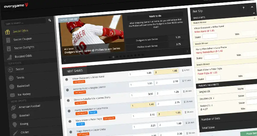 Everygame sportsbook interface showing betting options, live games, account menu, and active promotions