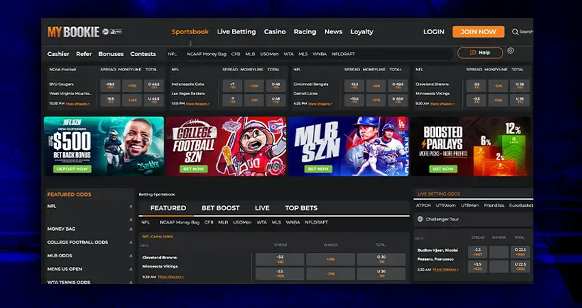 MyBookie live betting interface showcasing sports categories, featured events, odds, and betting markets