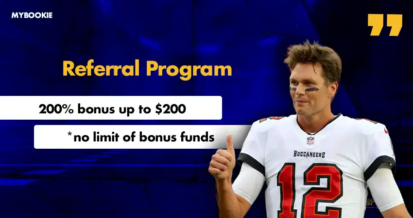 MyBookie referral program promotion offering 200% bonus up to $200 with no limit on bonus funds