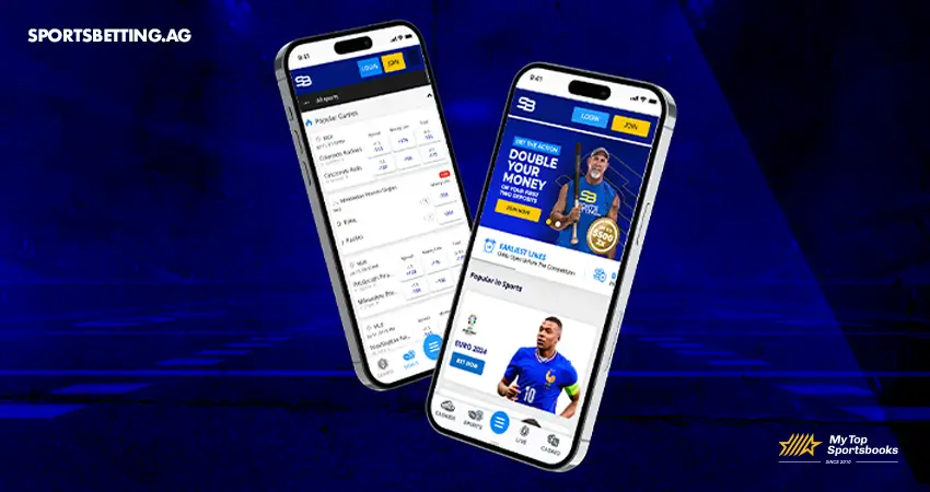 SportsBetting.ag mobile app preview on two smartphones showing betting dashboard and live betting interface