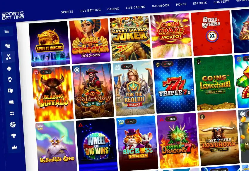 SportsBetting.ag online casino lobby showing grid of colorful slot game icons with jackpots and themed visuals