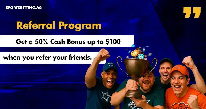 SportsBetting.ag welcome bonus details showing 50% sports bonus, 100% poker deposit bonus, and 100 free spins for casino players_