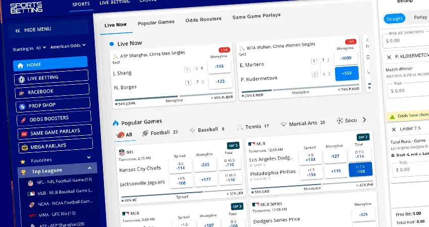 SportsBetting.ag sportsbook interface featuring betting odds, live games, account options, and active promotions