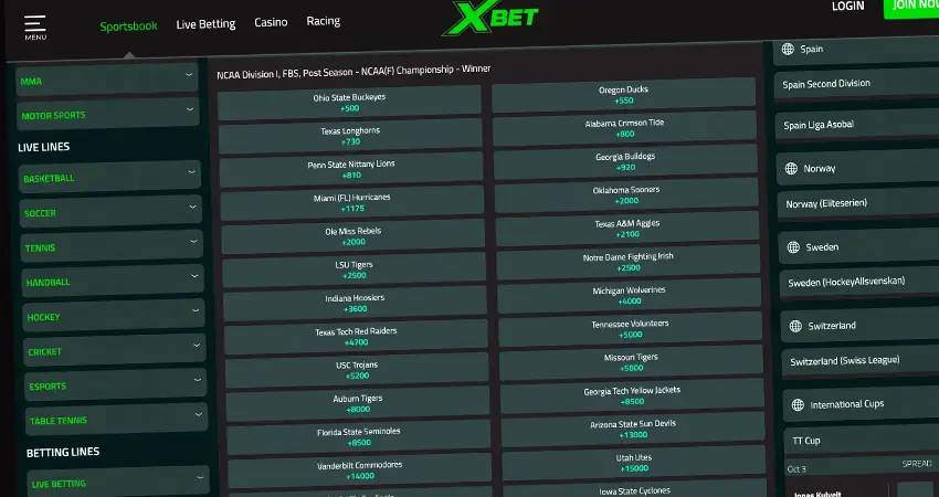 XBet sportsbook interface showing betting dashboard, odds, promotions, and featured events