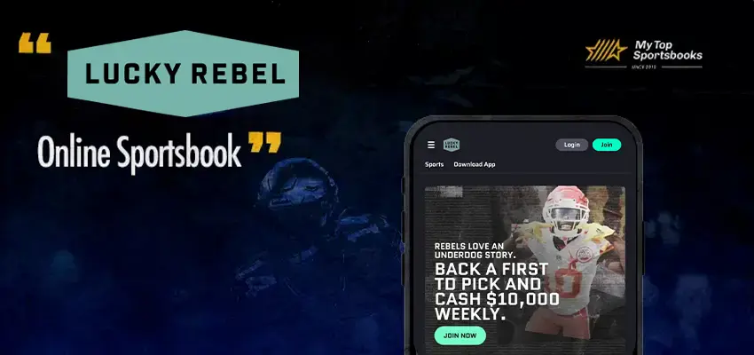 LuckyRebel Online Sportsbook promotional graphic featuring a mobile app screen with sports betting, casino, poker options and a welcome bonus offer.