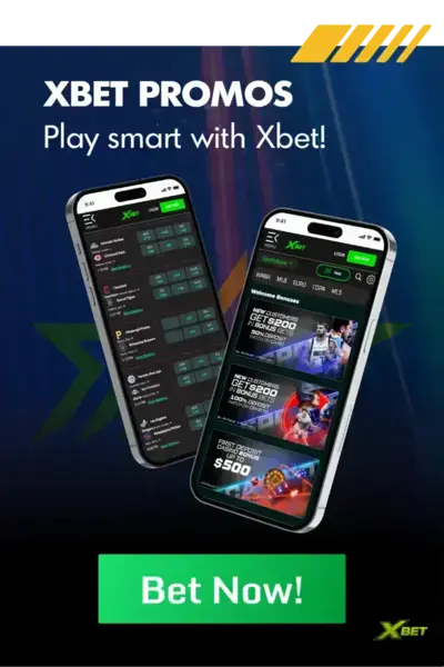 XBet sports wagering mobile app displayed on two phone screens with betting categories on a dark banner.