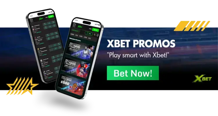 XBet sports wagering mobile app displayed on two phone screens with betting categories on a dark banner.
